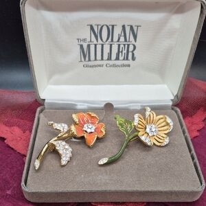 Nolan Miller Glamour Collection Yellow & Orange Floral Brooch Set w/Rhinestones
